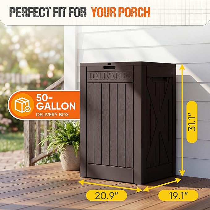 Flamaker 50 Gallon Deck Box, Package Delivery Box for Outside, Outdoor Package Drop Container for Gifts, Waterproof Plastic Storage Container with Lockable Secure for Porch (Deep Brown)