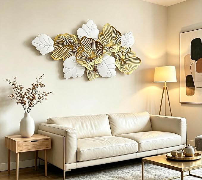 Roivikis Large Metal Wall Art Decor, 3D Abstract White & Gold Floral Leaves Wall Art, Handcrafted Modern Metal Wall Sculpture for Living Room, Bedroom, Entryway, 53.2" × 27"
