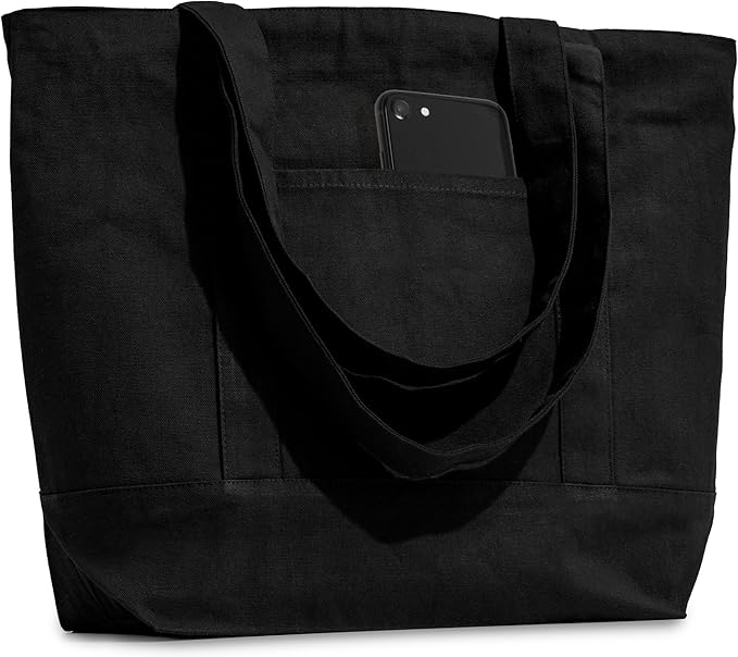 Carrywell (Not Made In China) Black Canvas Tote Bags with Zipper, 15"x 21", Heavy Duty Organic Cotton With Handles and Front Pocket, Reusable Shopping Totes