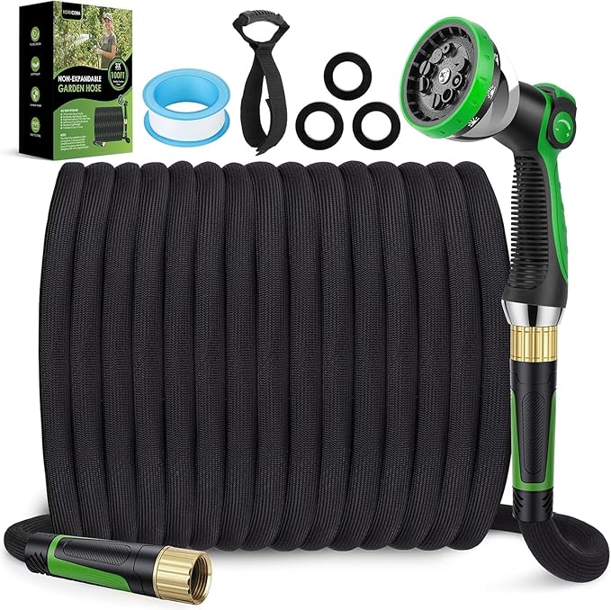 Garden Hose 100 ft, Non-Expandable Ultra-Lightweight Flexible Hose with 360° Dual-End Anti-Kink Design, 10-Pattern Spray Nozzle, 500 PSI Leak-Proof, 96-Strand Braided Fabric, Storage Strap
