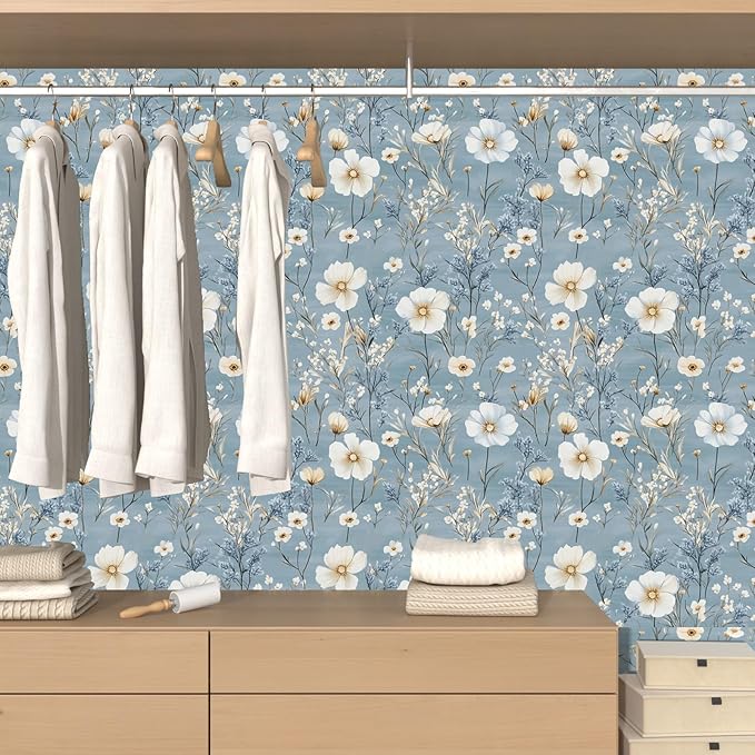Laatse Blue Floral Peel and Stick Wallpaper White Botanical Contact Paper