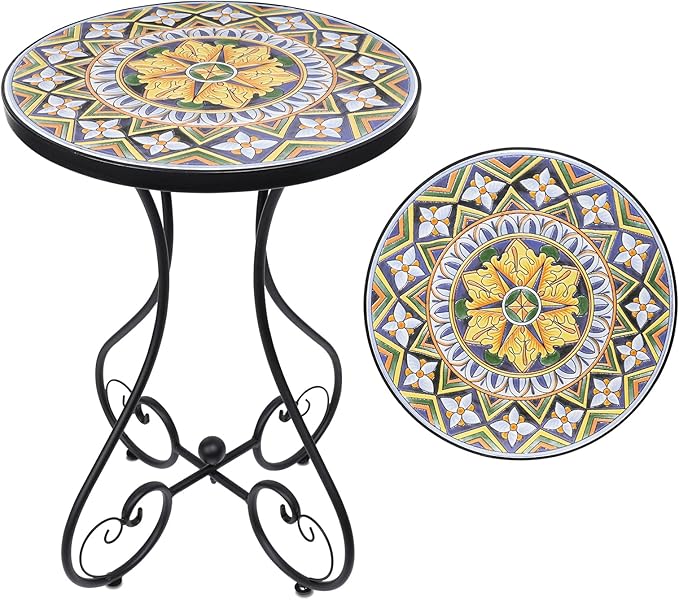 VCUTEKA Outdoor Side Table Mosaic Patio Table Accent Tables Mosaic Tile Top Metal Frame Small End Tables Porch Beach Patio Garden Balcony Yellow
