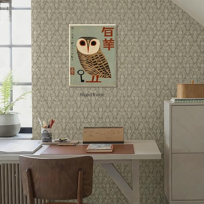 Vintage Japanese Framed Wall Art Owl Poster Mid Century Animal Print 24x36in