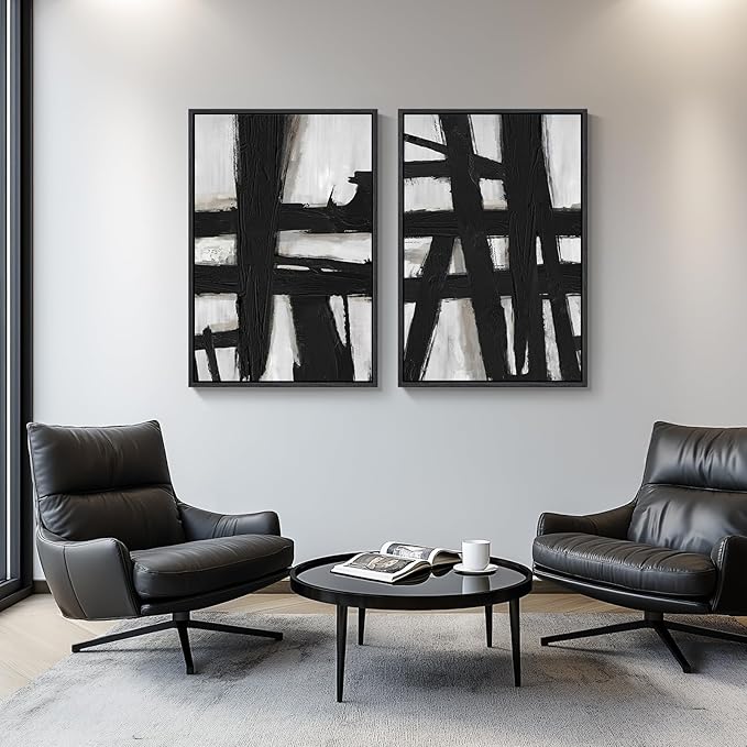 Large Framed Black and White Abstract Wall Art