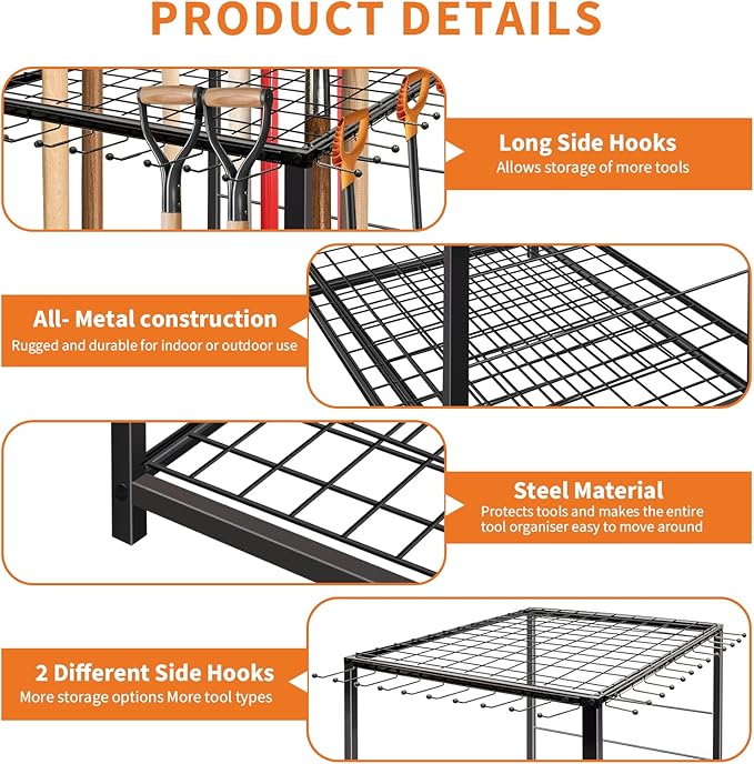 Garden Tool Organizer, Yard Tool Organizer, Metal Yard Tools Storage, Heavy Duty Garden Tool Organizer for Garage, Partitioned Tool Organizer and Storage for Shed, Garage, Tool Stand, Outdoor