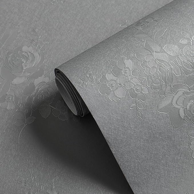 Erfoni 394"x17.7" Grey Floral Embossed Wallpaper