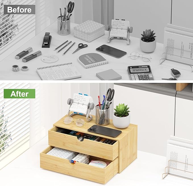 Bamboo Desk Organizer with Drawers - Small Desktop Storage Container for Countertop & Tabletop - No Assembly Required