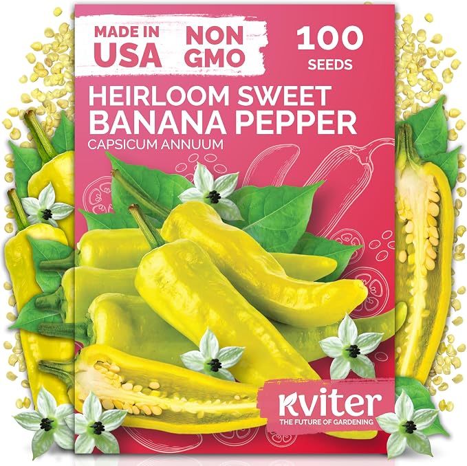 KVITER 100 Sweet Banana Pepper Seeds for Planting (Capsicum Annuum) â Yellow Bell Pepper Seed Packets â Non GMO Heirloom Vegetable Seeds for Planting Indoor Garden & Outdoor, Containers