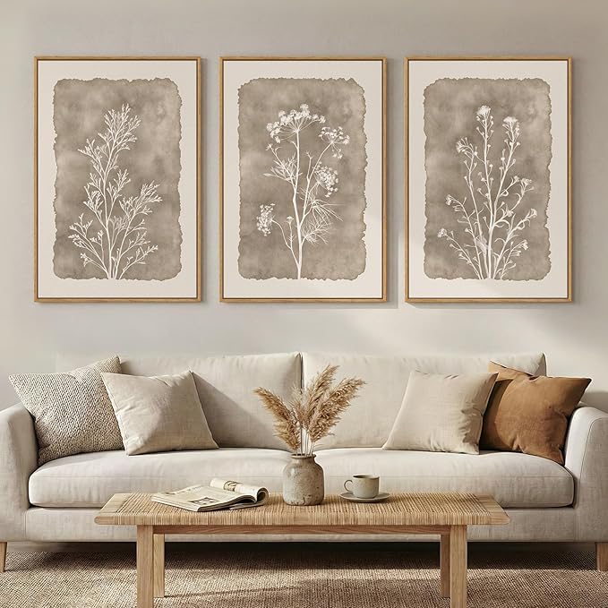 3 Piece Framed Neutral Botanical Wall Art Set, Large Farmhouse Floral Canvas