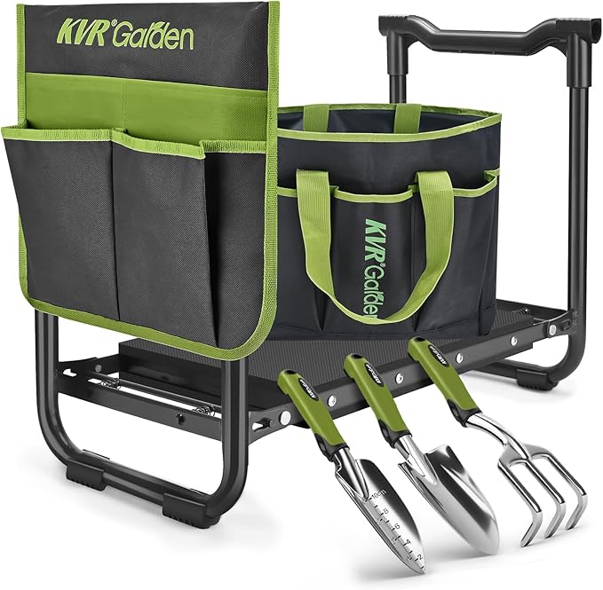 Garden Stool & Kneeler 7-Piece Set with 3 Aluminum Tools, Double-Layer Tote Bag & 2 Side Pouches - Foldable Gardening Bench Kit - Ideal Gifts for Women Mom Seniors (Light Green)