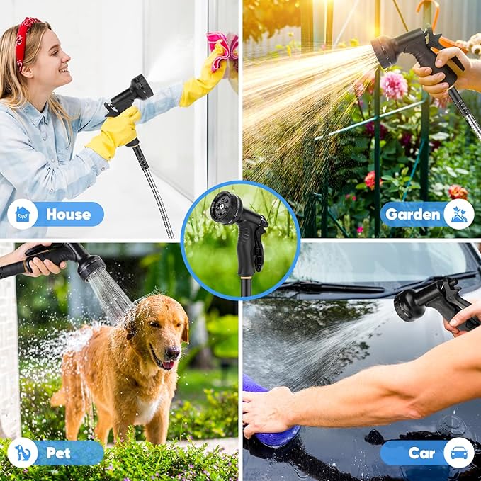Itsonestep Garden Hose 100 FT, Metal Stainless Steel Water Hose with 10 Function Nozzles, No Kinks, Flexible Hose, Lightweight, Puncture Proof, Heavy Duty Hose for Yard and Outdoor, Silver