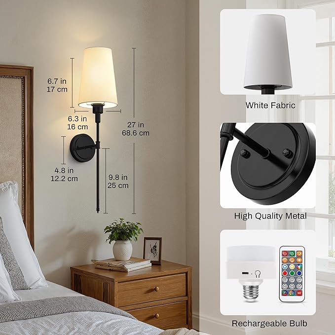DORESshop Battery Operated Wall Sconce Set of 2, Wireless Wall Light Easy to