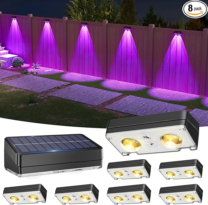 VOLISUN Solar Fence Lights Outdoor 8 Pack, 10 Colors ï¼ Color Changing Fence Lights Solar Powered, IP65 Waterproof Solar Lights for Fence, Garden, Patio, Backyard, Railing, Deck, Wall, Poolï¼Blackï¼