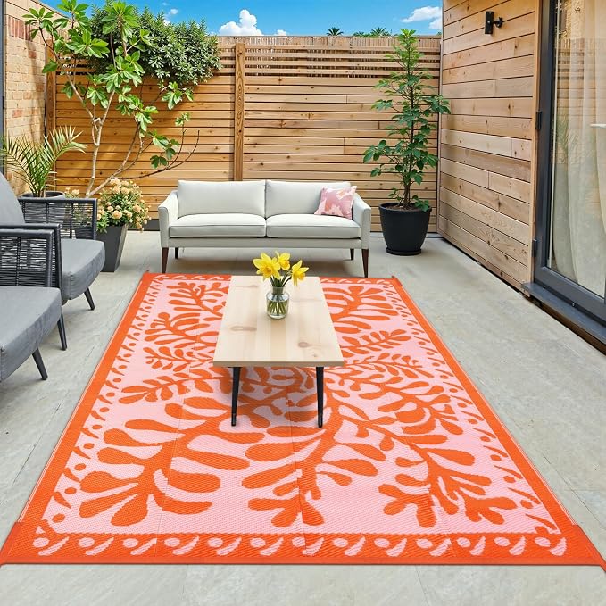 Anidaroel 6'x9' Outdoor Rug for Patio, Reversible Waterproof Patio Rug, Outdoor Plastic Straw Rug Outside Area Rug, RV Mat for Camping, Porch, Balcony, Pool Deck, Backyard (Orange, 6âx9')