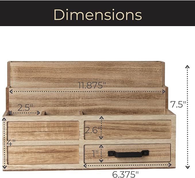 BLU MONACO | Natural Wood Mail Organizer with Drawer & Pen Holder | Rustic Desk Organizer for Bills, Letters & Countertop Storage | Wooden Desktop Mail Sorter for Home & Kitchen