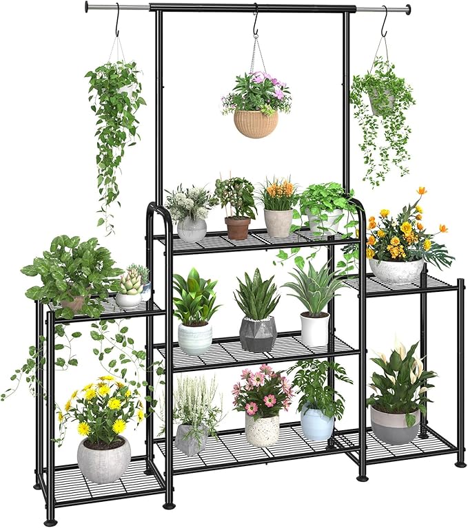 Simple Trending Plant Stand Indoor Outdoor, Metal 3 Tier Tall Hanging Plant Shelf for Multiple Flower Planter Large Heavy Duty Ladder Plant Holder for Garden, Black