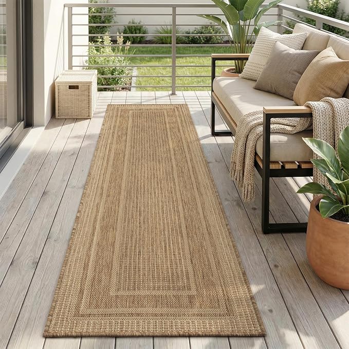 MontVoo-2x8 ft Indoor Outdoor Runner Rugs for Entryway Porch Hallway Kitchen Door Entrance Long, Textured Weave Polypropylene, Durable for High Traffic, Fade-Resistant, Modern Solid Neutral Brown
