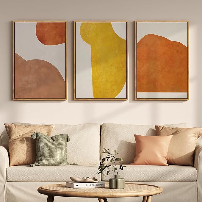 Framed Orange Abstract Boho Wall Art Bedroom, 3 Piece Neutral Mid Century