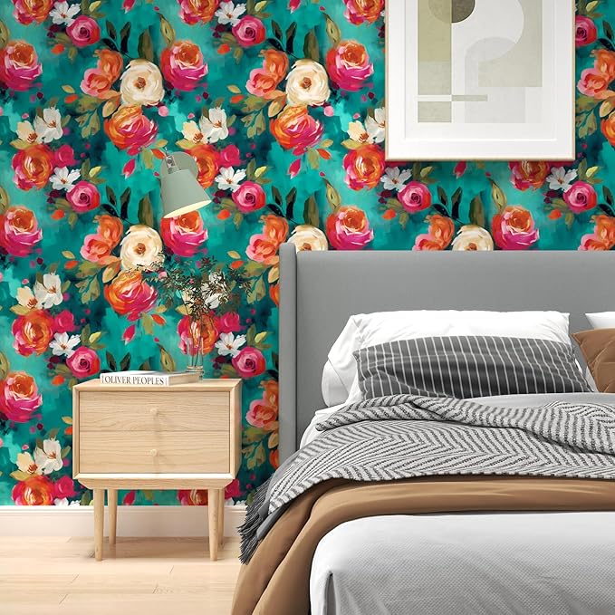 BOKEBEVE Watercolour Floral Peel and Stick Wallpaper Boho Vibrant Contact Paper