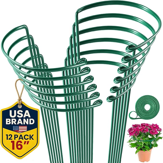 K-Brands 12 Pack Plant Support Stakes â Heavy-Duty Half Round Peony Support Ring and Cage for Indoor and Outdoor Plants â Peony, Tomato, Hydrangea, Rose 10" Wide x 16" High