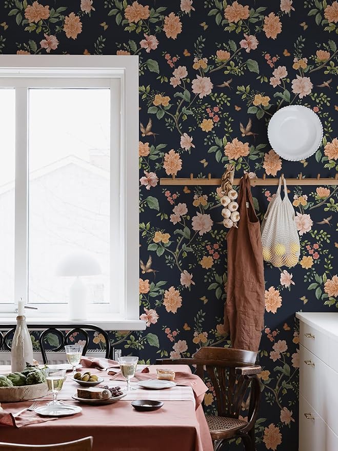 Froluya Dark Blue Floral Peel and Stick Wallpaper Vintage Floral Contact Paper