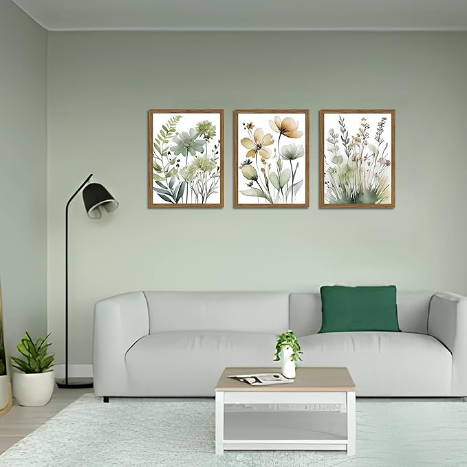 Wood Framed Sage Green Botanical Wall Art Set of 3, Boho Floral Canvas Wall