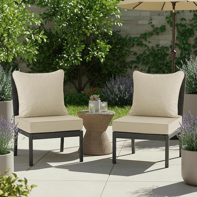 Summsun Patio Chair Cushions Set of 2, Faux Linen Outdoor Furniture Cushions, Water Resistant Backrest and Seat Cushion Set with Ties, Removable Cover, Non-Slip Bottom, 19 x 19 Inch, Beige