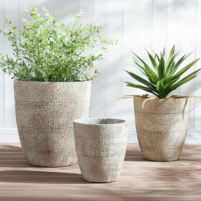 17.7"+13.8"+9.8" Dia Round Concrete Planter Set of 3, Large Indoor Outdoor Planter, Flower Pots with Drainage Holes and Sealing Plug for Garden, Patio, Home, Office Weathered Concrete Gray
