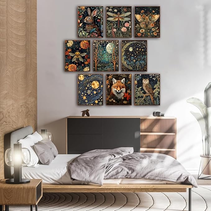 Morris Wall Paintings Poster Set of 9, Vintage Rabbit Fox Starry Sky Bee
