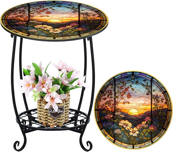 Cinnvoice Outdoor Side Table Round Small Mosaic Patio Accent Indoor End Plant Coffee Tea Table for Yard Patio Porch Garden Living Room, Bedroom(Sunset and Flowers,14 Inch)