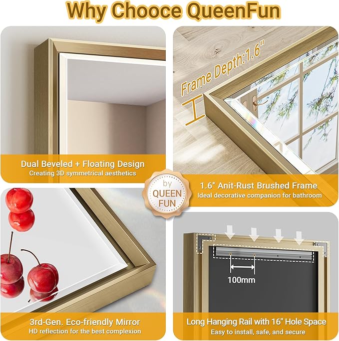 48 x 36 Gold Bathroom Mirror, Brushed Gold Beveled Bathroom Mirror,