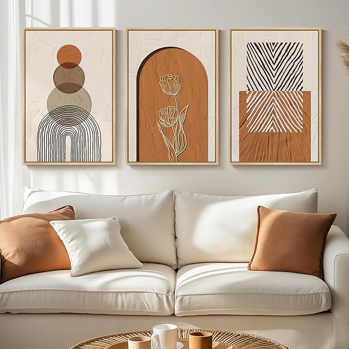Framed Boho Abstract Wall Art Bedroom, 3 Piece Neutral Orange Paintings Prints