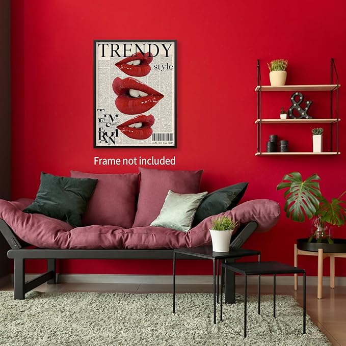 jkahh Trendy Y2k Newspaper Wall Art Vintage Red Lips Kiss Prints Poster Fashion