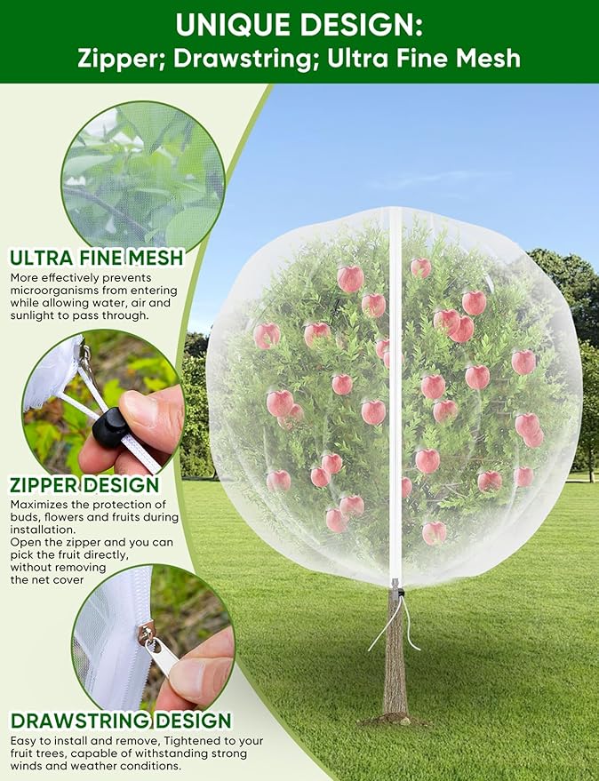 Large Fruit Trees Netting Cicadas - 2Pcs 6X5.3 FT with Zipper and Drawstring,Bird Mesh Covers for Blueberry Bushes,Garden Apple Pear Peach Orange Tree Fruit Tomato Bug Plant Protection (2, 6X5.3 FT)