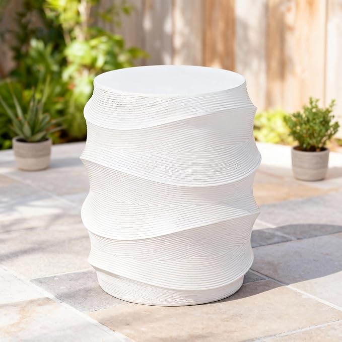 Christopher Knight Home Janna MGO Outdoor Side Table, Round Patio Decorative Small End Table with Layered Surface, Lightweight Concrete Garden Accent Table for Patio Balcony, No Assembly, White