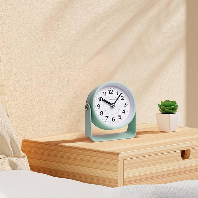 TIMESS Analog Alarm Clock, Silent Non-Ticking Quartz Movement, Battery-Operated with Snooze & On-Demand Light, Easy to Set Gentle Wake Bedside Desk Clock, Ideal for Home, Travel, Office (Green)