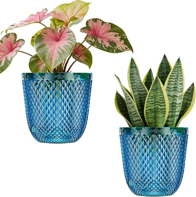 QCQHDU 2 Pack Self Watering Pots, 5.7 Inch Flower Pots with Drainage Holes and Water Filling Port, Plastic Garden Planter for Indoor Outdoor Plants (Klein Blue)