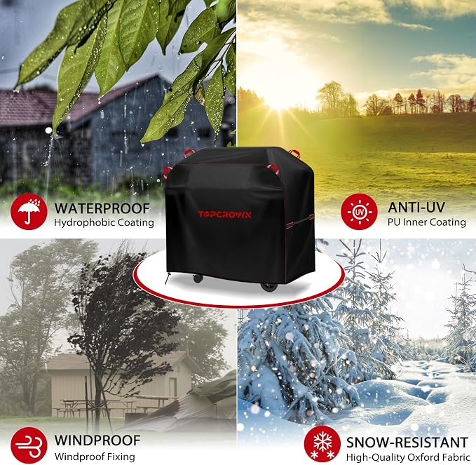 TOPCROWN Grill Cover for Outdoor Grill, BBQ Gas Grill Waterproof Anti-UV Oxford Fabric Windproof Design with Adjustable Straps, Fits Weber/Char-Broil/Nexgrill and More (420D Black+Red, 53" - 58")