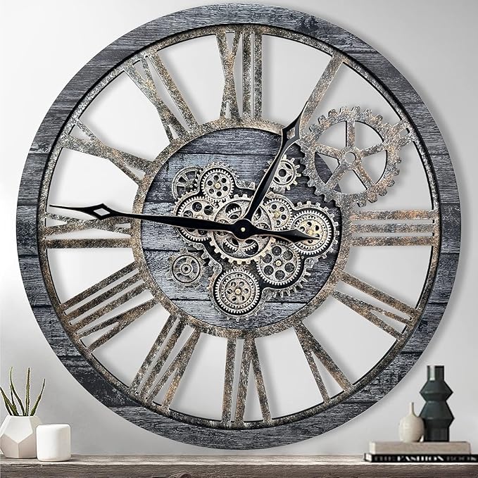 B-Style Large Wall Clock 18 Inch Moving Gear Oversized Vintage Farmhouse Rustic
