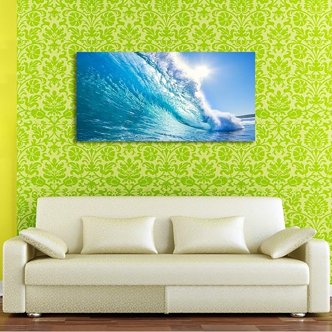 Haichuang Decor Art Framed Ocean Wave Wall Art, 48x24 Inch Large Horizontal Turquoise Sea Canvas Prints, Coastal Beach Nautical Wall Decor for Living Room Bedroom Bathroom Ready to Hang