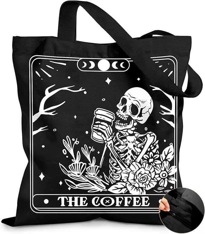 Miss Adola Canvas Tote Bag for Women â Aesthetic Canvas Bag with Zipper Cute Stylish Reusable Shoulder Totes for Shopping Work Daily Vacation, Coffee Skull
