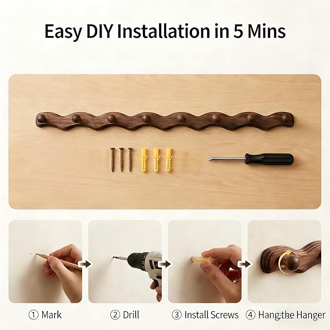 Wood Coat Rack Wall Mount -8 Pack Walnut Coat Hooks