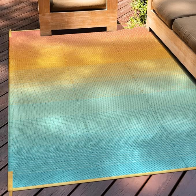 Anidaroel Ombre Outdoor Rug 5x8ft Waterproof for Patio Decor, Reversible Plastic Straw Outside Rug, UV Resistant RV Camping Mat for Porch, Balcony, Pool Deck, Backyard(Orange&Blue, 5'x8')