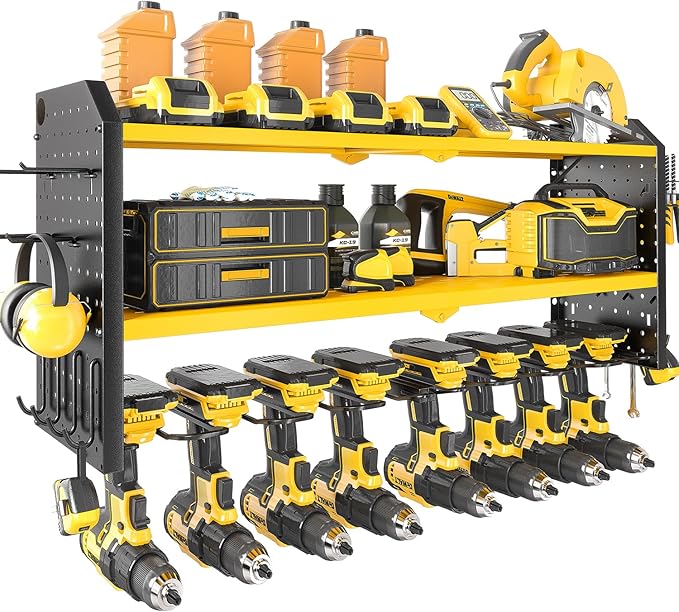 KAFAHOM Power Tool Organizerï¼Large 8 Drill Holder Wall Mount ï¼Heavy Duty Metal Tool Shelf with 12 Hooks Storage Rack for Garage Organizationï¼Utility Cordless Drill Holder and Battery Shelves