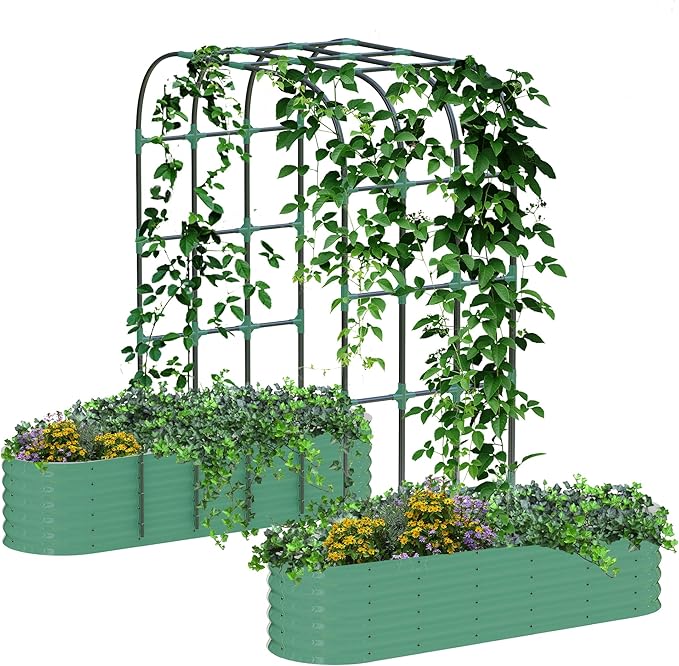 Galvanized Raised Garden Bed with 96" Tall Vertical Arch Trellis â Expandable Rust-Resistant Planter Box for Outdoor Plants, Flowers, Herbs & Vines â Includes Plant Clips, Drainage Netting,Green