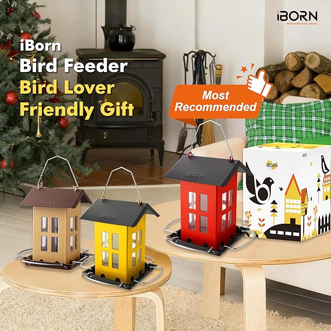 iBorn Bird Feeder House, Metal Bird Feeders for Outdoors Hanging,Double-Sided Metal Hanger & Weatherproof, Easy to Clean & Refill, 2.2 Lbs Capacity, Yellow