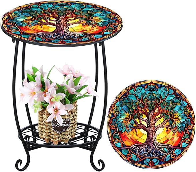 Cinnvoice Outdoor Side Table Round Small Mosaic Patio Accent Indoor End Plant Coffee Tea Table for Yard Patio Porch Garden Living Room, Bedroom(Tree of Life Style,18 Inch)