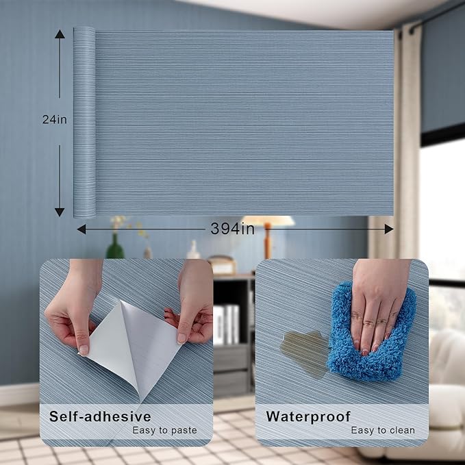 FUKU MON Grasscloth Fabric Wallpaper 24" X 394" Blue Gray Textured Thick Linen