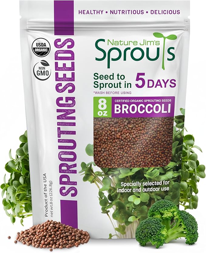 Nature Jim's Organic Broccoli Sprouting Seeds â Non-GMO, Rich in Sulforaphane, Fast-Growing Microgreen Seeds for Indoor/Outdoor Plantingâ Ideal Organic Sprouting Seed for Nutritious Gardening - 8oz