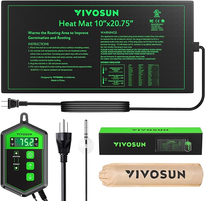 VIVOSUN 10"x 20.75" Seedling Heat Mat and Digital Thermostat Combo Set, UL & MET-Certified Warm Hydroponic Heating Pad for Germination, Indoor Gardening, Greenhouse